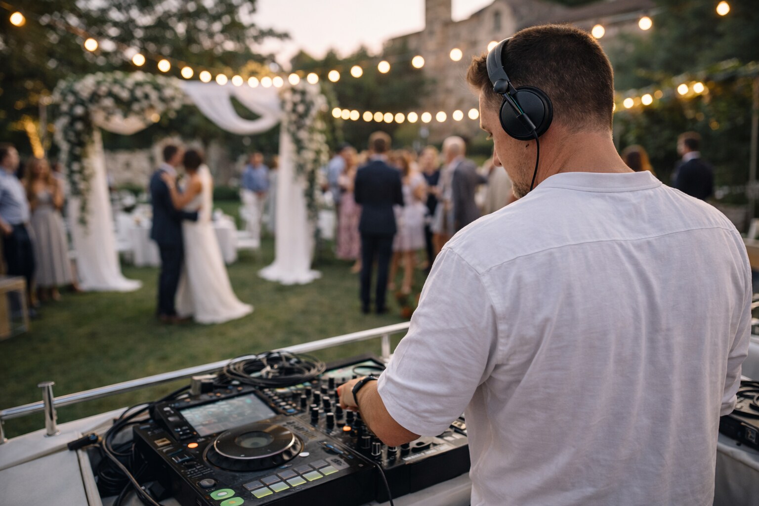 DJ mariage à Monaco aux platines, guirlandes lumineuses et cérémonie en arrière-plan