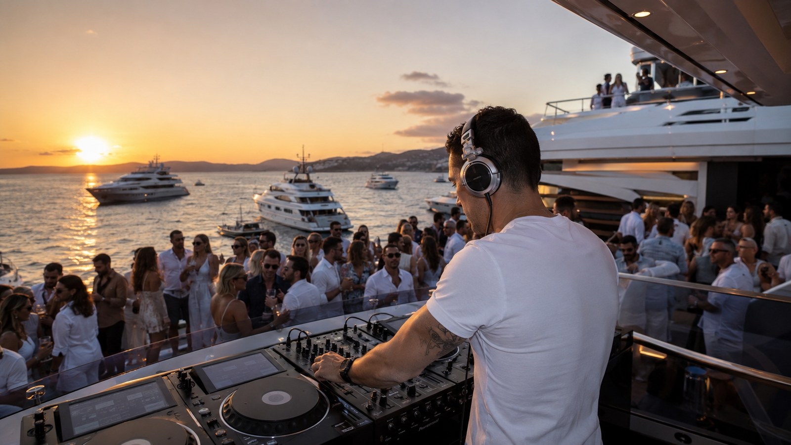 DJ Monaco sur yacht au coucher de soleil, foule au dancefloor