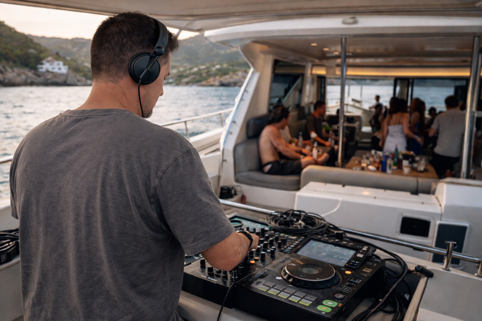 DJ Monaco aux platines sur un yacht au coucher du soleil